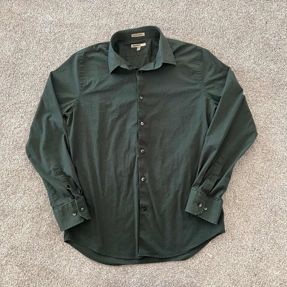 Express 1MX Forest Green Extra Slim Fit Cotton Blend Button Down Long Sleeve L